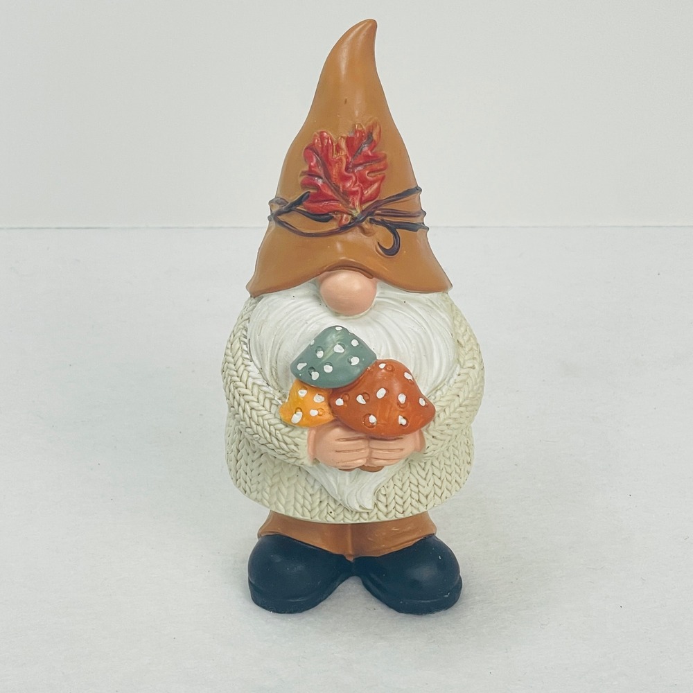 Fall Gnome Figurine Autumn Decor Cable Knit Sweater Mushrooms Brown Hat 6.5 Inch